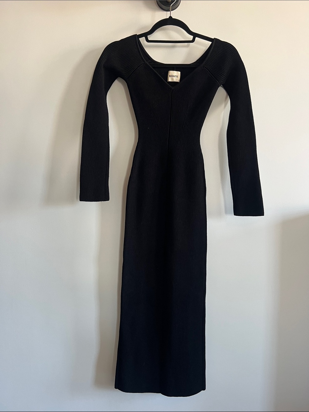 KHAITE PIA dress Black Ribbed V-Neck Long-Sleeve Midi Dress